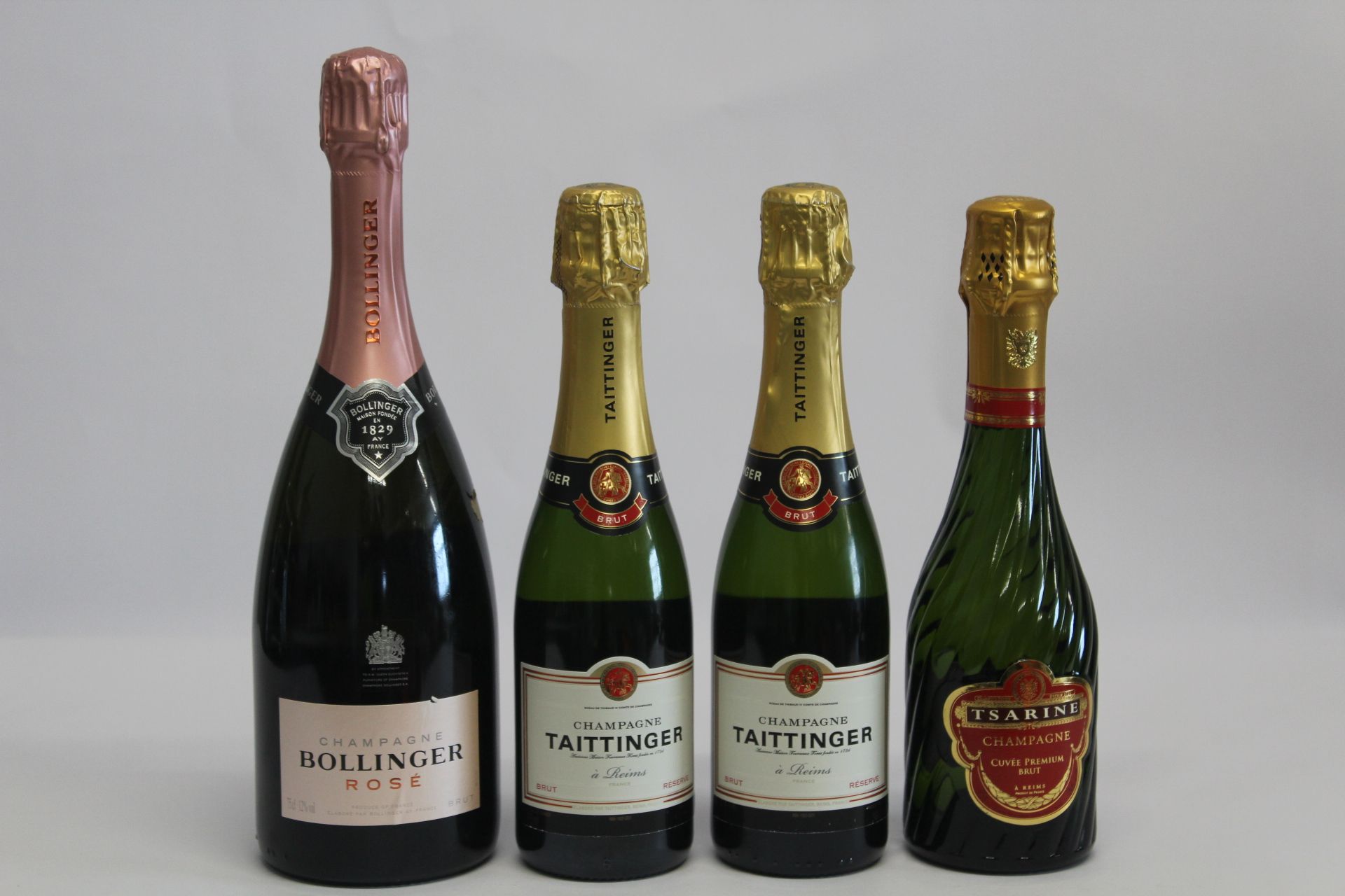 Bollinger Rose Champagne 750ml, Two Taittinger Brut Reserve Champagne 2 x 375ml, Tsarine Cuvee Premi