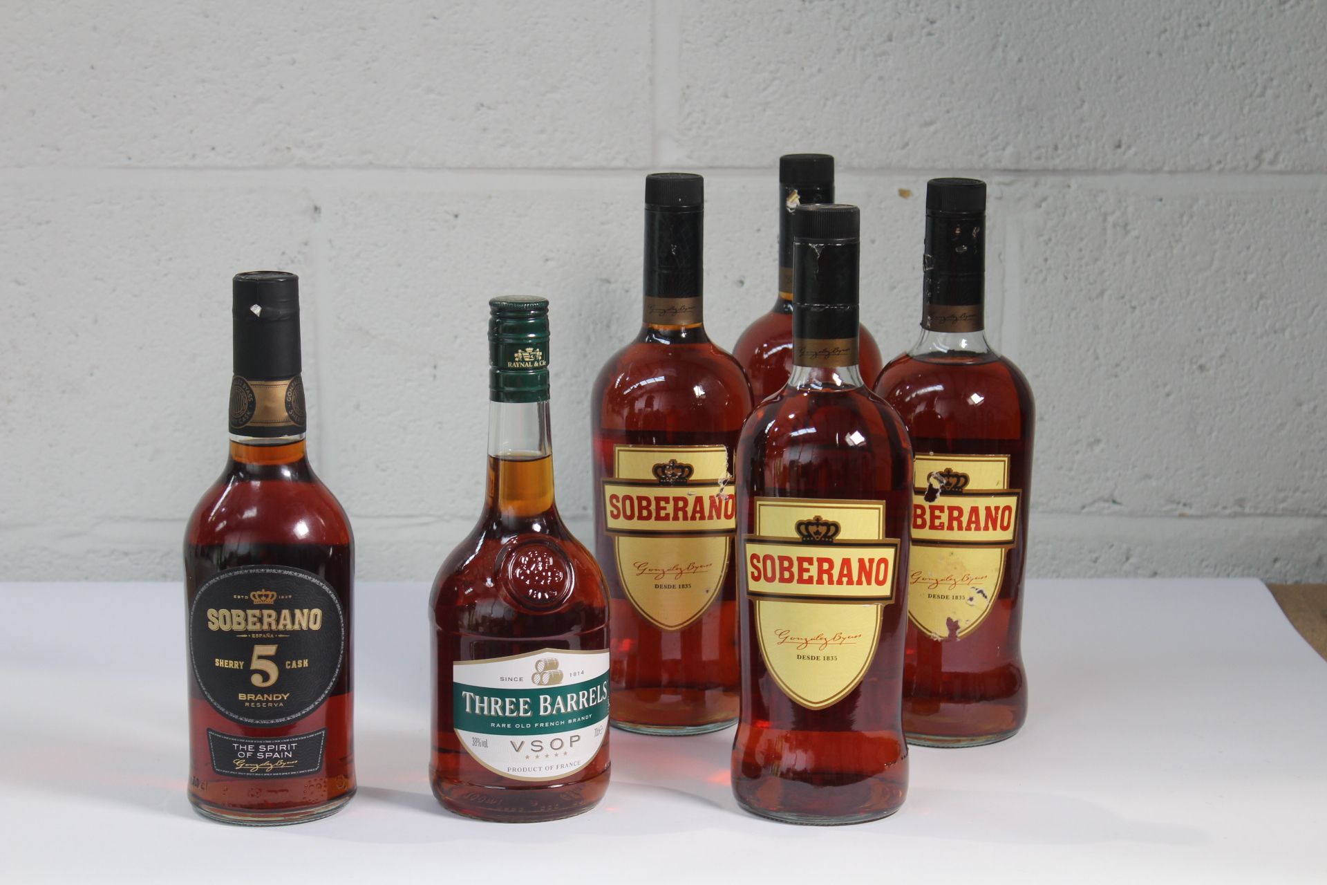 Four Soberano Brandy 4 x 1ltr, One Soberano Sherry 5 Cask Reserva Brandy 700ml and a Three Barrels R