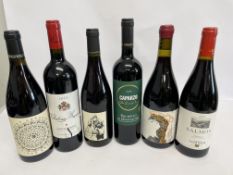 Six red wines: Caparzo Brunello di Montalcino 2014 (13.5%), Au Bon Secours (11%), Antiqua Obergo 201