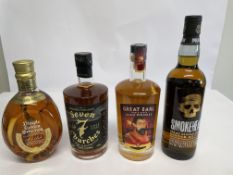Four Whiskies: Seven Churches Irish (40%), Smokehead Single Malt Scotch (43%), Great Earl Single Gra