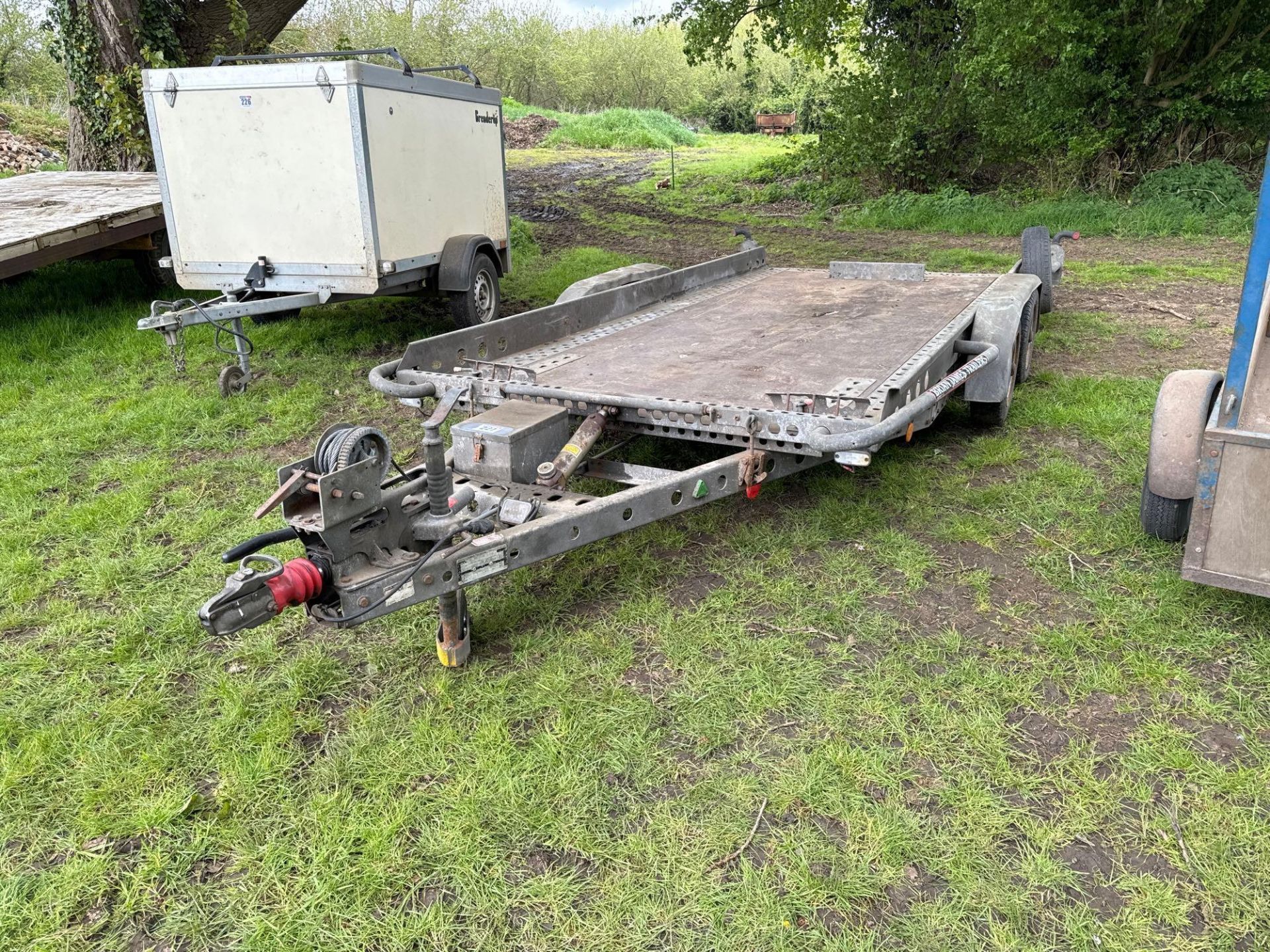 Brian James 14ft twin axle tilt-bed transport trailer with front winch on 155/70R12C wheels and tyre