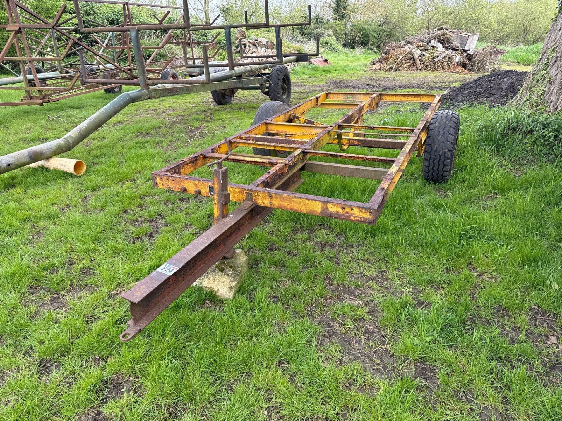 Farm-made Root Engineering flat bed trailer frame on 10.5/85-15.3 wheels and tyres