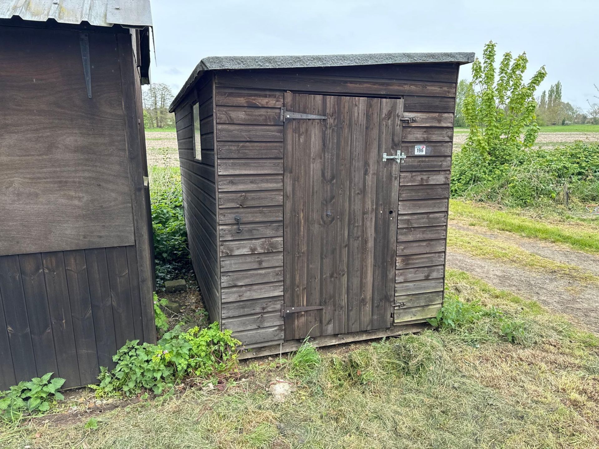 Wooden shed 10ft x 6ft with forklift lifiting chanels adapted for office with fold down hatch and in - Image 4 of 4