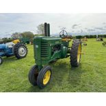 1948 John Deere Model A row crop tractor with side belt pulley, rear PTO and drawbar and twin front