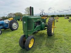 1948 John Deere Model A row crop tractor with side belt pulley, rear PTO and drawbar and twin front