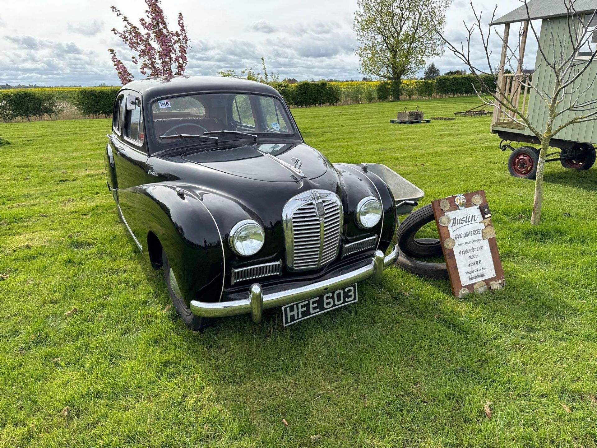 1954 Austin A40 Somerset black saloon car with 1200cc petrol engine, red leather interior and spare