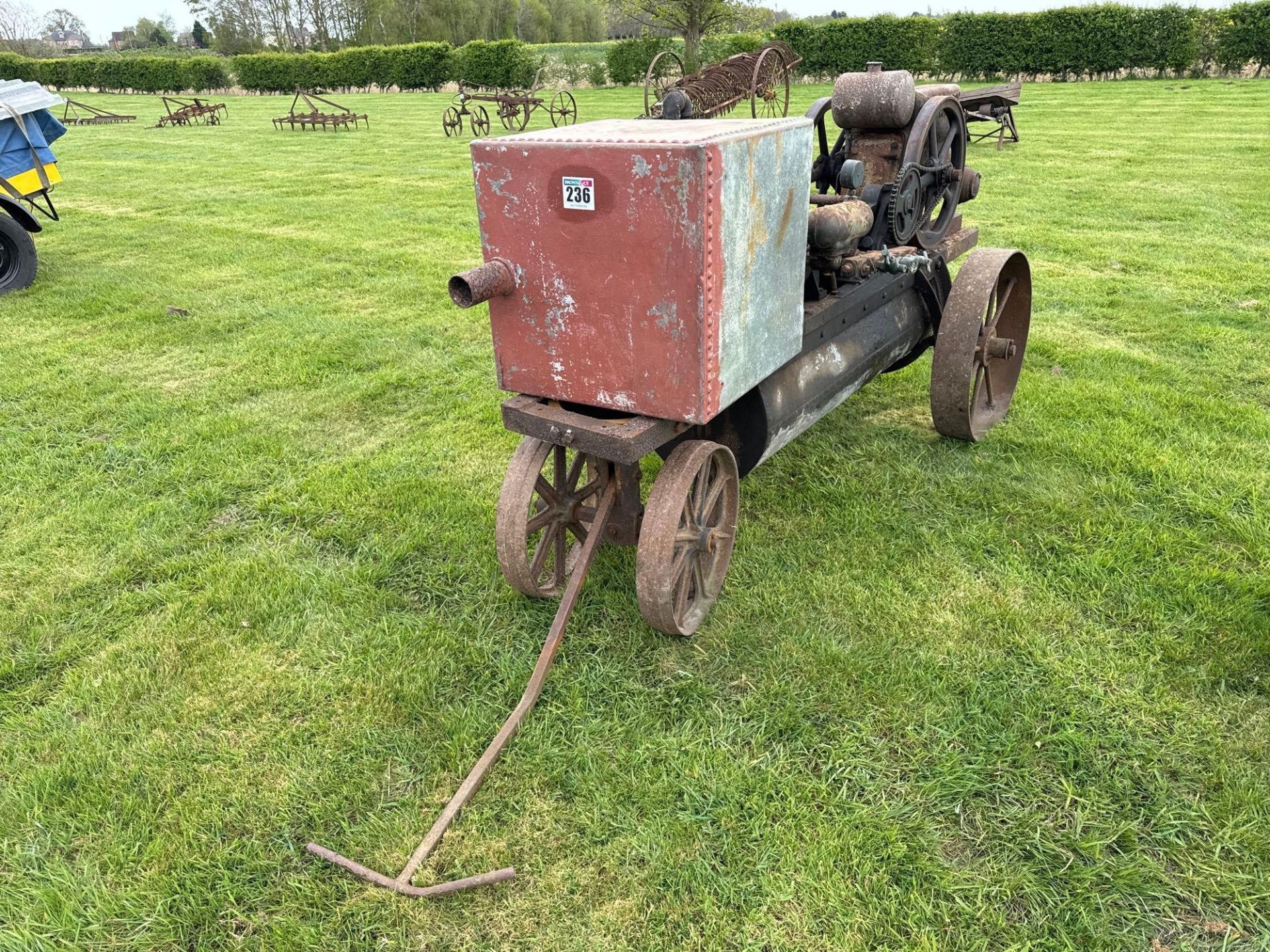 Ruston Hornsby "Coopers Demon" orchard sprayer. ​​​​​​​NB: Starting handle in office