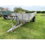 Wooden dropside 3t high tip hydraulic tipping single axle trailer on 9.00-16 wheels and tyres
