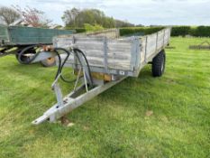 Wooden dropside 3t high tip hydraulic tipping single axle trailer on 9.00-16 wheels and tyres