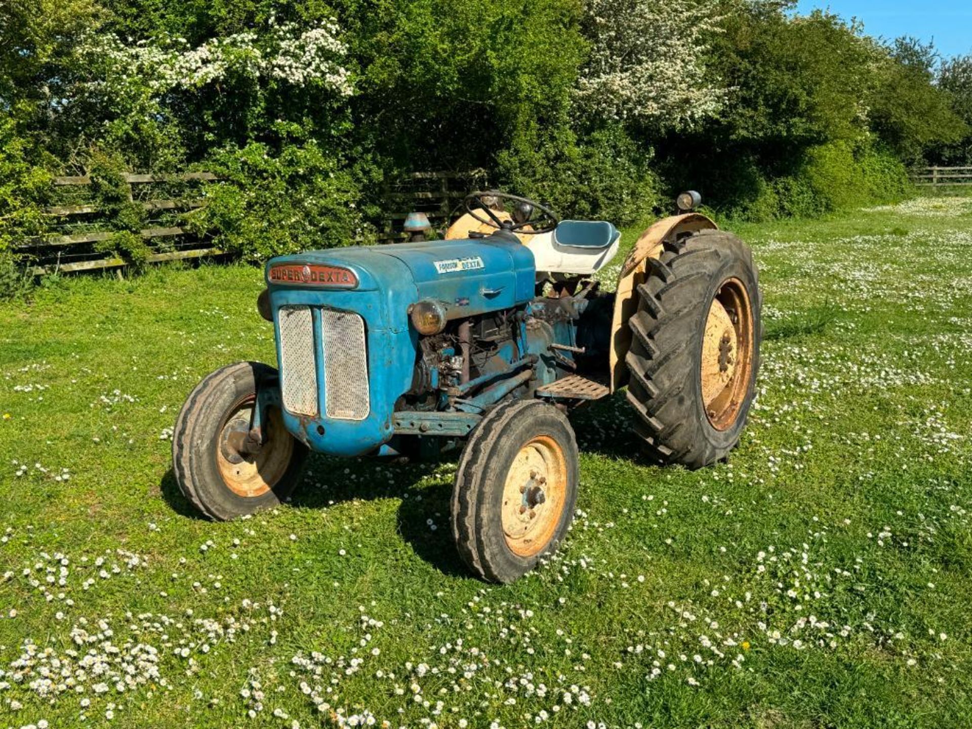 Fordson Super Dexta 2wd diesel tractor with rear linkage, PTO and underslung exhaust on 12.4-28 rear