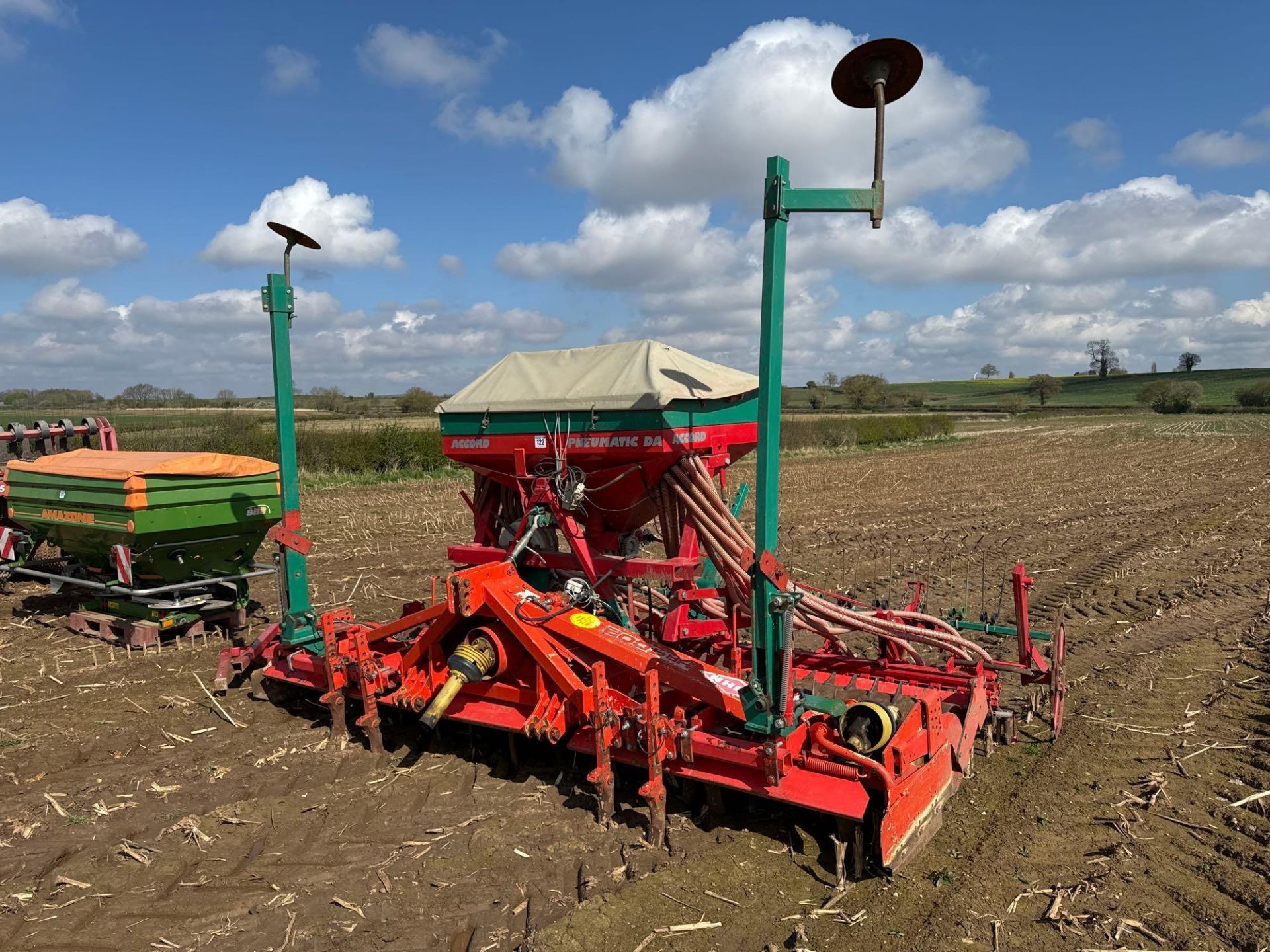 Accord Pneumatic DA 4m combi drill with Kuhn HR4002 power harrow and rear tooth packer with wheel tr