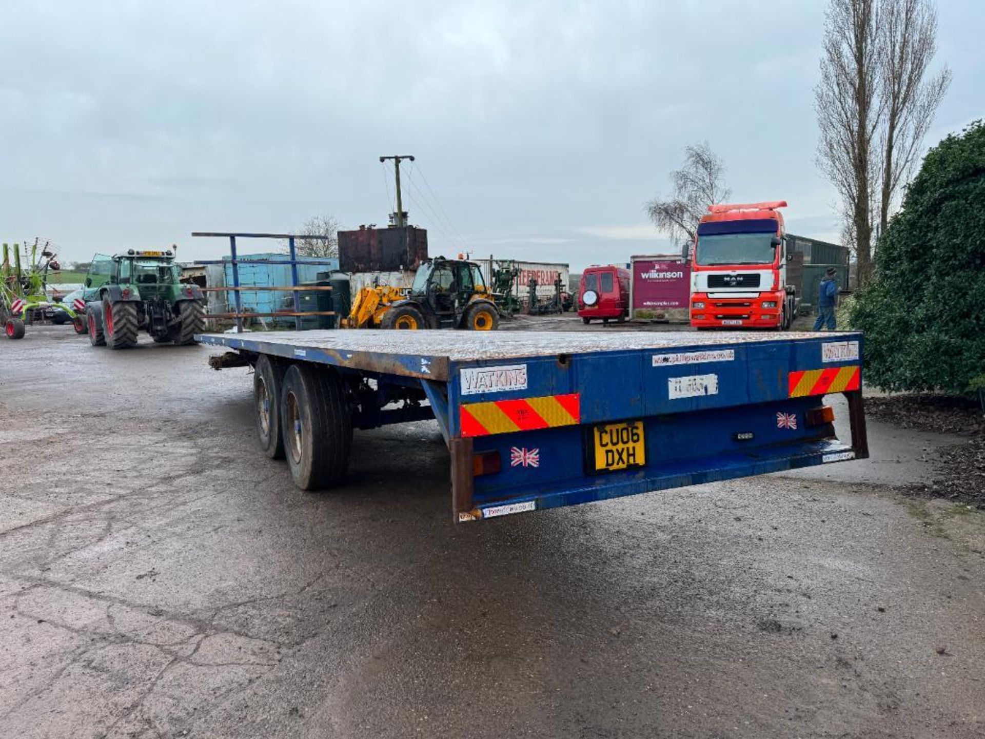 Philip Watkins 32ft twin axle flat bed trailer with metal floor, front bale rave, sprung drawbar and - Image 11 of 11
