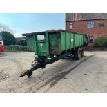 Easterby 10t twin axle root trailer with sprung drawbar, hydraulic tailgate and grain chute on 385/6