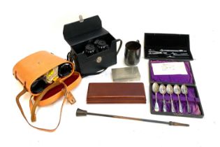 A mixed lot to include cased drawing instruments; Miranda binoculars; Nestle's spoons etc