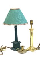 A green painted table lamp with square plinth base, 43cmH; a gilt metal table lamp and a candlestick