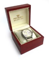 A Pryngeps 3 Time Voyager stainless steel wrist watch, the cream dial with four subsidiary dials,