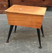 A mid century sewing table, on ebonised dansette legs, 54cmW; magazine rack; drop-leaf coffee table;