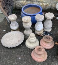 Five composite stone supports, together with a blue glaze planter (af) 38cmD, 25cmH and a bird bath,