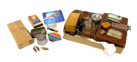 A mixed lot to include silver topped pot, Faber-Castell pencils, Harmonica etc