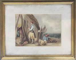 Late 19th/early 20th century watercolour, Fishermen mending their nets, 33x47cm