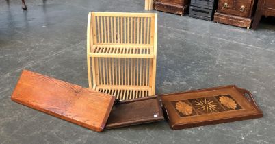 A plate rack, 40cmW; together with an oak shelf and two trays