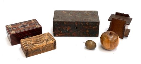 A wooden fern ware style box with applied dried fern, 23cmW; turned treen apple; money box etc
