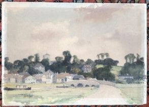 Edgar Thomas Holding R.W.S. (1890-1952), watercolour of a bridge with village beyond, signed, 28.