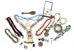 A mixed lot of jewellery to include beaded necklaces; silver filigree brooch, 925 silver and