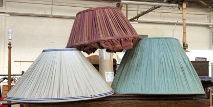 Three pleated lampshades, the largest af, 47cmD, 46cmD, 36cmD