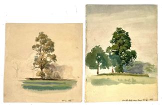 Late 19th century watercolours: two tree studies, titled 'Spring 1889' and 'Over the Hedge...