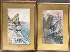 Two early 20th century watercolours, 'Careg-Wallteg', and 'Taking in the Sails, Looe', the mounts