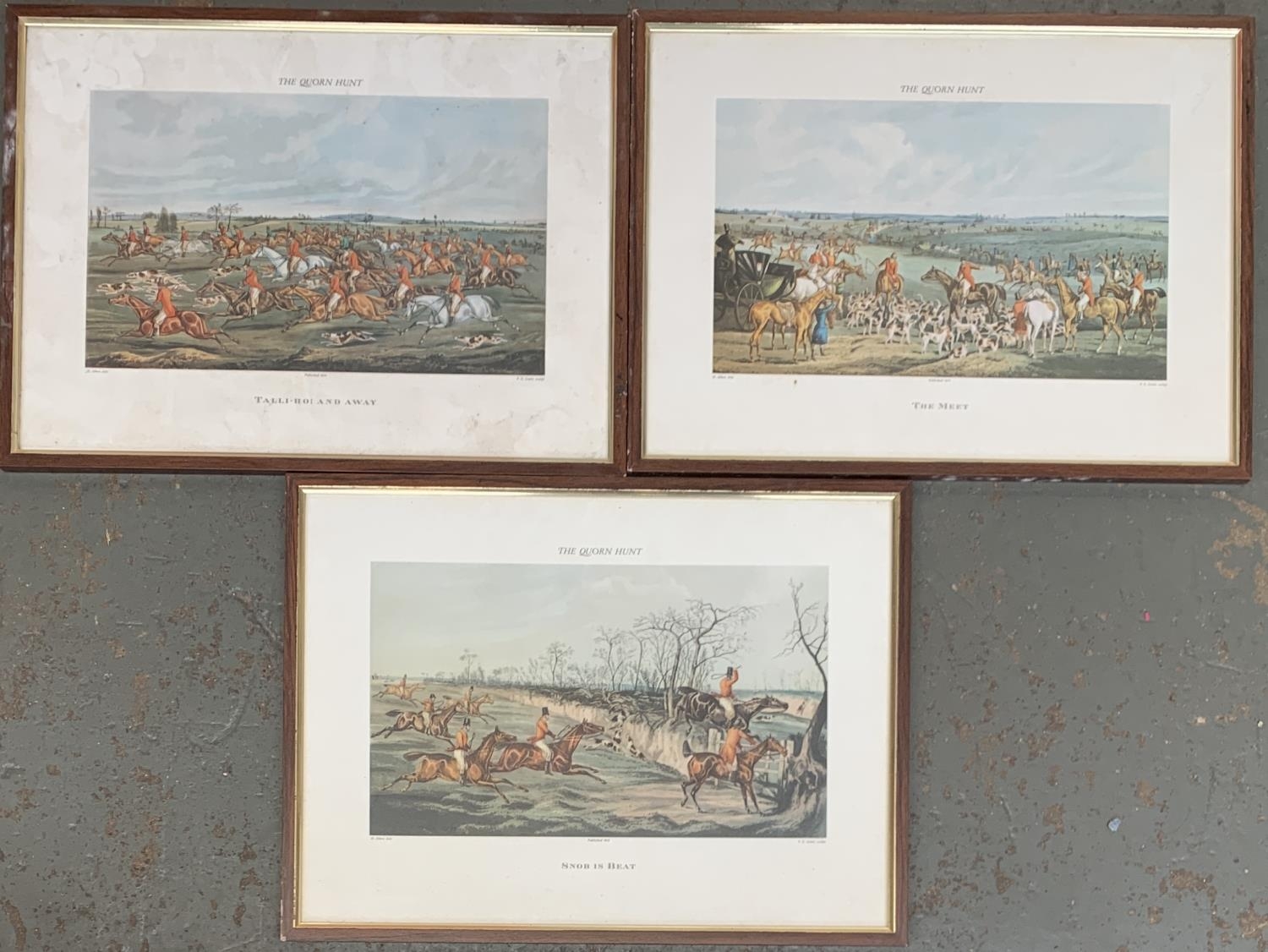Three Quorn Hunt prints after Henry Alken comprising 'Tally Ho and away', 'The Meet', and 'Snob is