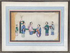 A 19th century Chinese gouache on parchment depicting a court scene with a mother and feeding child,