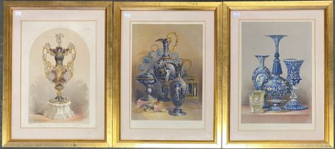 A set of three framed 19th century chromolithograph plates of ceramics from the Great Exhibition,