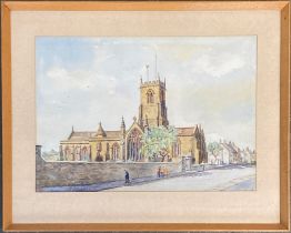 Local interest: 20th century watercolour of St. Mary's Church, Bridport, 19x28cm