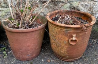Two terracotta planters, one with faux loop handles, 29cmH and 31cmH (2)