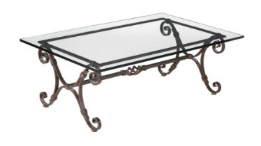 A wrought iron and glass topped low centre table, of recent manufacture, 146x91x75cmH