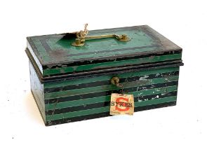 A Victorian Chatwoods black and green painted metal deed box, bears plaque to inside lid, with