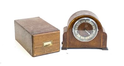 A vintage filing drawer together with an Art Deco mantel clock