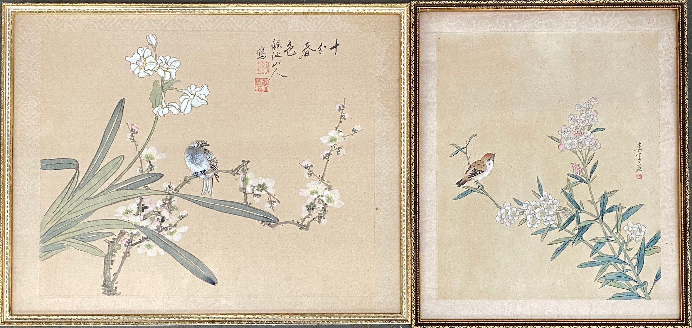 Two Chinese gouache on silk paintings depicting birds amongst foliage, 30x38cm and 31x26cm (2)