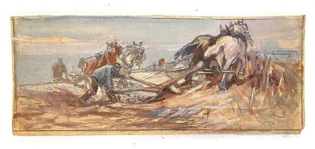 An early 20th century watercolour of a ploughman, 10x25cm