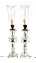 A pair of glass hurricane lustre lamps, 45cmH to top of fitting, 62cmH to top of glass shade