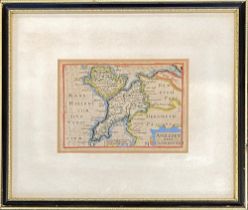 A miniature 18th century map of Anglesey and Carnavan, hand coloured engraving, 9x13cm