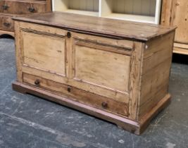 A George III panelled pine mule chest, on later bracket feet, 116x54x62cmH