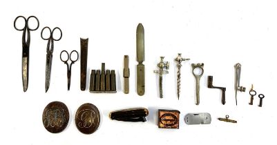 A mixed lot of metal items to include steel scissors, one pair with sheath stamped A & N, Handy M.