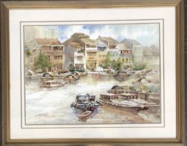 Tan Leong Keng (Singeporean, b.1938), watercolour on paper of a harbour scene, presented by the