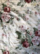 A pair of heavy curtains featuring a rose design, lined and interlined (thermal), 215cm drop x 180cm