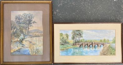 Local interest: watercolour of the bridge at Sturminster Newton, 23x49cm, signed Tranter; together