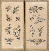 Two Chinese silk embroidered panels, worked in gold thread, depicting bird, butterfly, and