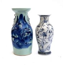 A 19th century Chinese blue and white vase, applied twin lined handles, depicting a landscape